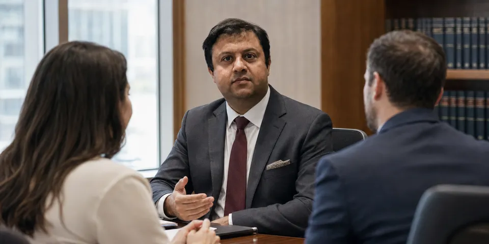 Mohammad Shoaib in a meeting with two clients