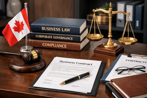 Lawyer reviewing a business contract with corporate clients, representing Lexwood Law's business and corporate law services