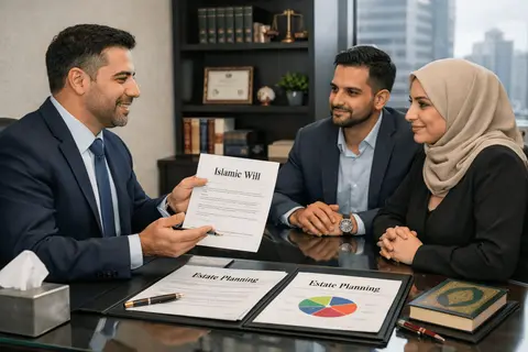 Lawyer presenting an Islamic will to a Muslim family, representing Lexwood Law's Sharia-compliant estate planning services