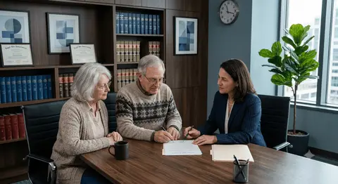 Lawyer reviewing a will with an elderly couple, representing Lexwood Law's wills and estates services